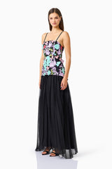 Veloria A-line Gown in Black & Pastel Floral with floral embroidery & strapless neckline with removable straps side shot