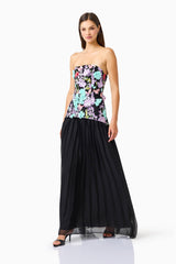 Veloria A-line Gown in Black & Pastel Floral with floral embroidery & strapless neckline posed shot