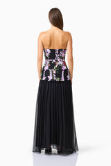 Veloria A-line Gown in Black & Pastel Floral with floral embroidery & back zipper back shot