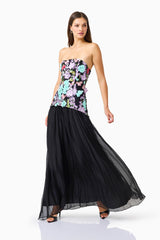 Veloria A-line Gown in Black & Pastel Floral with floral embroidery & strapless necklineposed walking shot