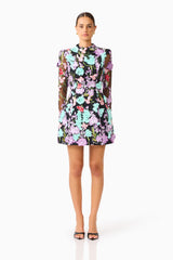Veloria Long Sleeve Mini Dress in Black & Pastel Floral with a high neckline front shot 