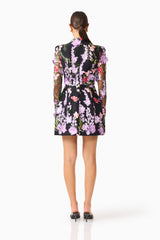 Veloria Long Sleeve Mini Dress in Black & Pastel Floral with long sleeves back shot 