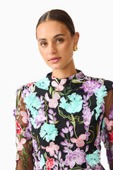 Veloria Long Sleeve Mini Dress in Black & Pastel Floral with a high neckline detail shot 