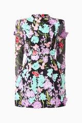 Veloria Long Sleeve Mini Dress in Black & Pastel Floral with a high neckline ghost shot 