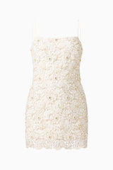 Blossia Embellished Mini Dress in White with a square neckline & pearl lace fabrication ghost shot