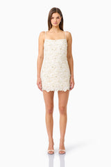 Blossia Embellished Mini Dress in White with a square neckline & pearl lace fabrication front shot