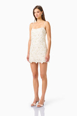 Blossia Embellished Mini Dress in White with a square neckline & pearl lace fabrication side shot