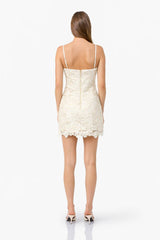 Blossia Embellished Mini Dress in White with a square neckline & pearl lace fabrication posed front shot