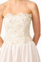 Blossia Embellished Gown in White with strapless neckline close up shot