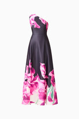 Petalia One Shoulder Gown in Black & Pink Floral with an a-line silhouette ghost shot