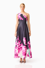 Petalia One Shoulder Gown in Black & Pink Floral with an a-line silhouette front shot