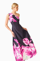 Petalia One Shoulder Gown in Black & Pink Floral with an a-line silhouette close up shot