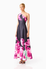 Petalia One Shoulder Gown in Black & Pink Floral with an a-line silhouette side shot