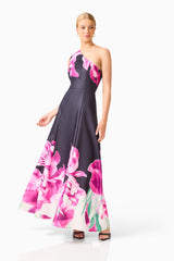 Petalia One Shoulder Gown in Black & Pink Floral with an a-line silhouette posed shot
