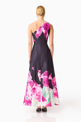 Petalia One Shoulder Gown in Black & Pink Floral with an a-line silhouette back shot
