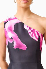 Petalia One Shoulder Gown in Black & Pink Floral with an a-line silhouette detail shot