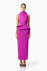 Lioris Peplum Gown in Purple sleeveless high neckline front shot