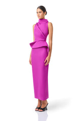 Lioris Peplum Gown in Purple sleeveless high neckline side shot