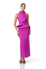Lioris Peplum Gown in Purple sleeveless high neckline posed shot