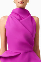 Lioris Peplum Gown in Purple sleeveless high neckline detail shot