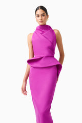 Lioris Peplum Gown in Purple sleeveless high neckline close up shot