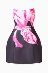Petalia Tulip Mini Dress in Black & Pink Floral with strapless neckline ghost shot