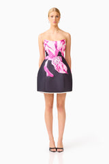 Petalia Tulip Mini Dress in Black & Pink Floral with strapless neckline front shot