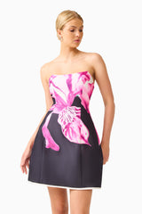 Petalia Tulip Mini Dress in Black & Pink Floral with strapless close up shot