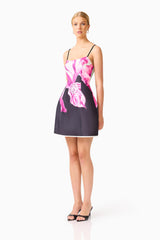 Petalia Tulip Mini Dress in Black & Pink Floral with square neckline and spaghetti straps side shot