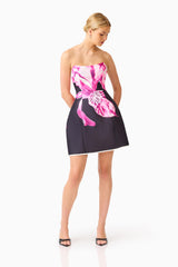 Petalia Tulip Mini Dress in Black & Pink Floral with strapless neckline posed shot