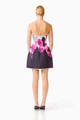 Petalia Tulip Mini Dress in Black & Pink Floral with strapless neckline back shot