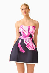 Petalia Tulip Mini Dress in Black & Pink Floral with strapless neckline medium close up shot