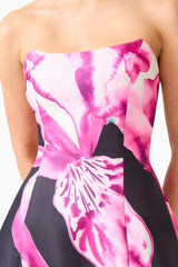 Petalia Tulip Mini Dress in Black & Pink Floral with strapless neckline detail shot