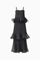 Bellini Ruffled Maxi Dress in Black Polkadot with spaghetti straps ghost shot