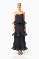 Bellini Ruffled Maxi Dress in Black Polkadot with spaghetti straps front shot