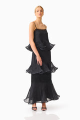 Bellini Ruffled Maxi Dress in Black Polkadot with spaghetti straps front posed shot