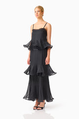 Bellini Ruffled Maxi Dress in Black Polkadot with spaghetti straps side shot
