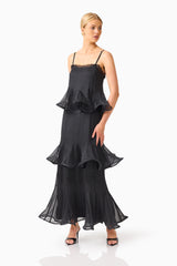 Bellini Ruffled Maxi Dress in Black Polkadot with spaghetti straps posed shot