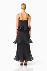 Bellini Ruffled Maxi Dress in Black Polkadot with spaghetti straps back shot