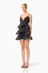 Bellini Tiered Maxi Dress in Black Polkadot with V neckline and spaghetti straps with skirt detached side shot