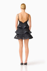 Bellini Tiered Maxi Dress in Black Polkadot with V neckline and spaghetti straps with skirt detached back shot