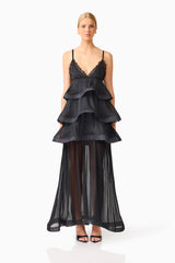 Bellini Tiered Maxi Dress in Black Polkadot with V neckline and spaghetti straps front shot