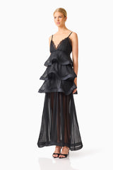 Bellini Tiered Maxi Dress in Black Polkadot with V neckline and spaghetti straps side shot