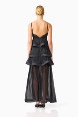 Bellini Tiered Maxi Dress in Black Polkadot with V neckline and spaghetti straps back shot
