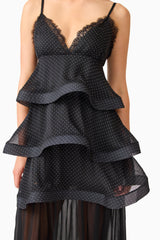 Bellini Tiered Maxi Dress in Black Polkadot with V neckline and spaghetti straps detail shot