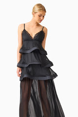 Bellini Tiered Maxi Dress in Black Polkadot with V neckline and spaghetti straps front posed shot