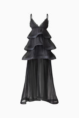 Bellini Tiered Maxi Dress in Black Polkadot with V neckline and spaghetti straps ghost shot