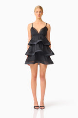 Bellini Tiered Maxi Dress in Black Polkadot with V neckline and spaghetti straps with skirt detached front shot