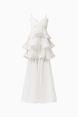 Bellini Tiered Maxi Dress in White Polkadot with V neck and spaghetti straps ghost shot