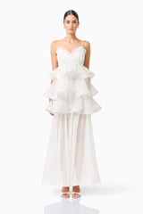 Bellini Tiered Maxi Dress in White Polkadot with V neck and spaghetti straps front shot
